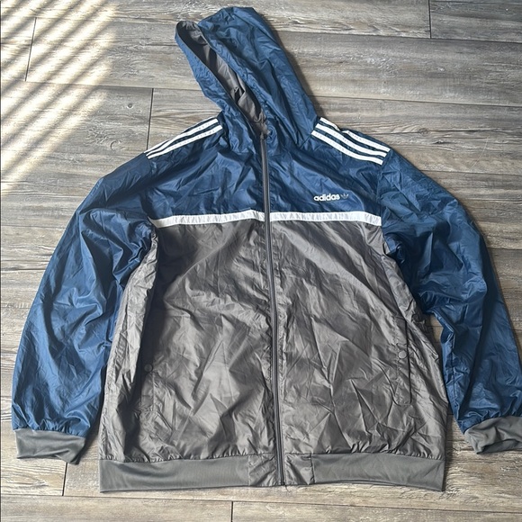Adidas Blue and Gray Hooded Windbreaker with Stripes...